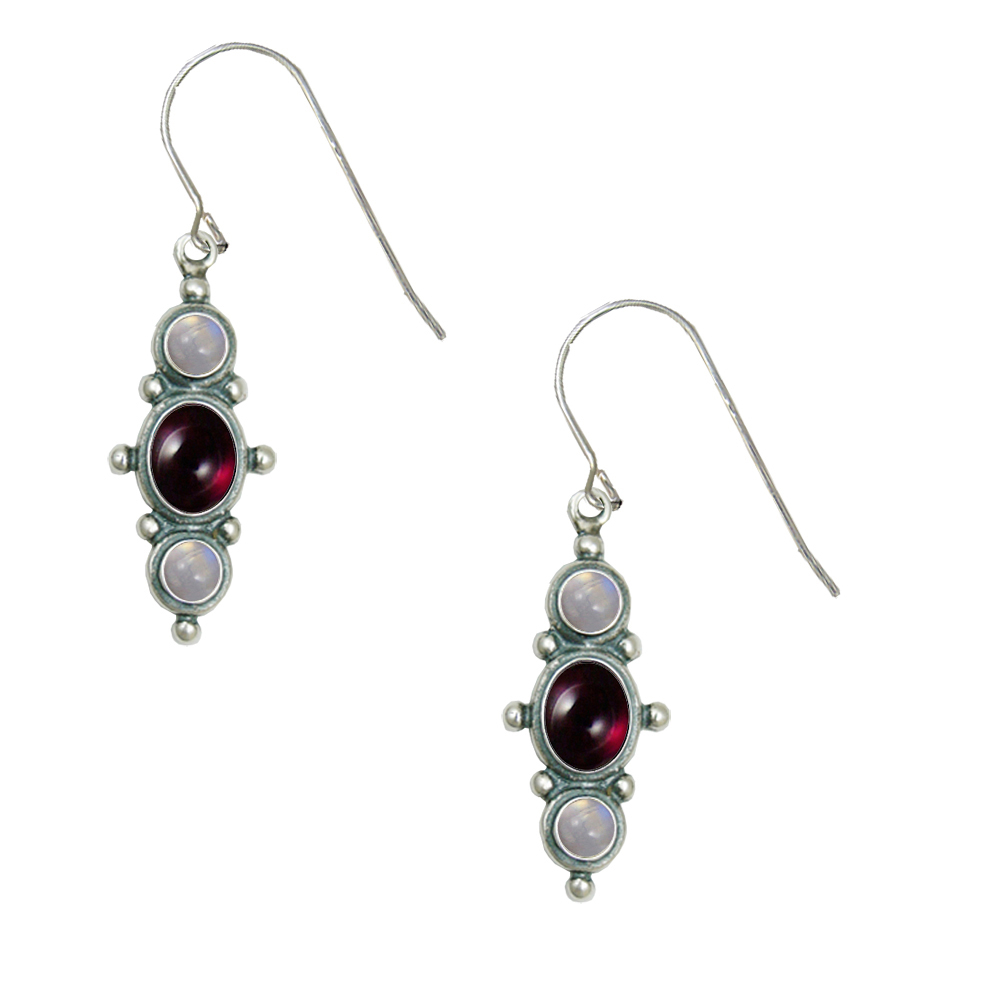 Sterling Silver Drop Dangle Earrings With Garnet And Rainbow Moonstone